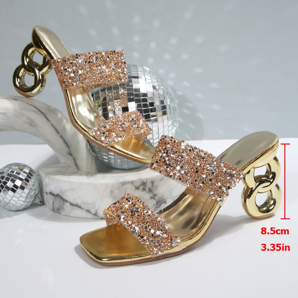 Fashion Brand Design High Heels Gold Silver Glitter Sandals Women Square Toe Plus Size 35-43 Summer Mule Shoes Woman Gladiator Slippers