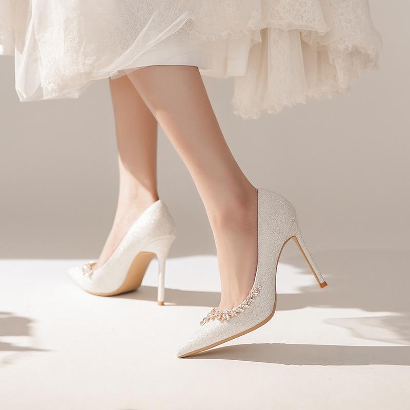 6cm 8cm 10cm Elegant Shallow Pointed Toe Rhinestone Crystal Shoes Stilettos 2025 Spring High Heels Wedding Shoes Model Party