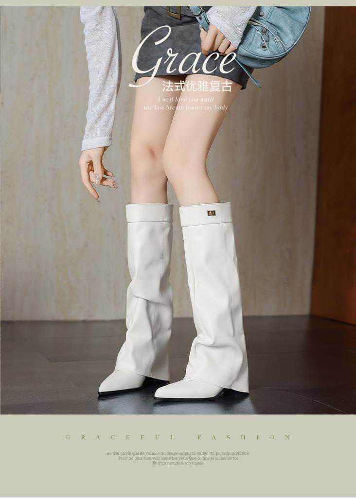 Large Size - Women's Boots Autumn and Winter Coarse Heel Pointed Winter Boots Long Boots Fashion Martin Boots Buckle