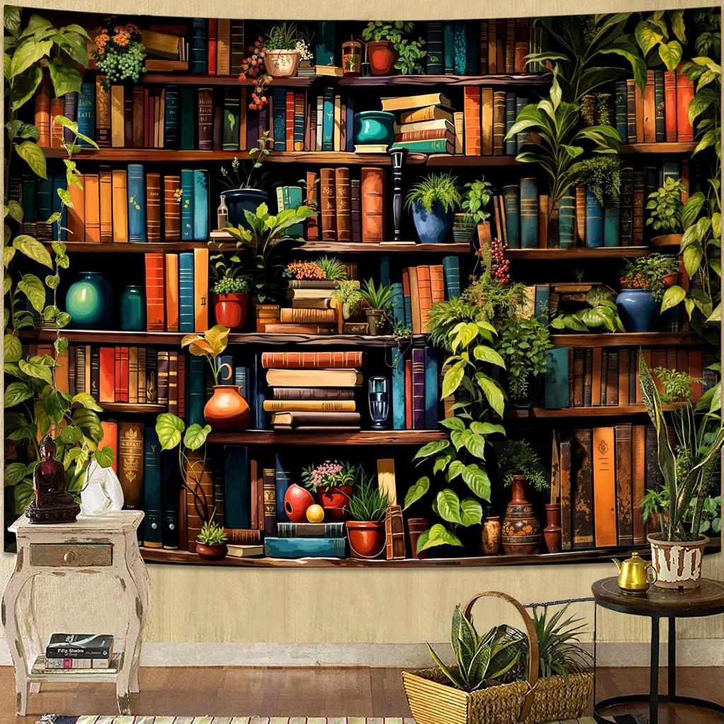 Forest Library Tapestry Tree Bookshelf Tapestries Wall Hanging Vintage Fantasy Fairy Treehouse Book Large Tapestry for Bedroom