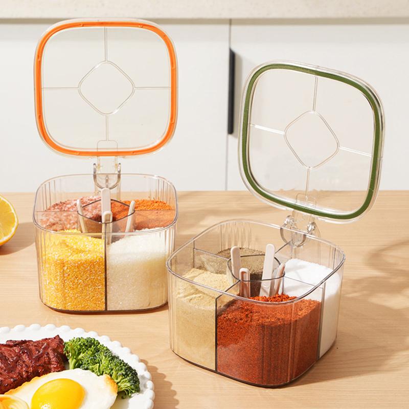 Multi-Grid Salt Seasoning Box With Spoons And Sealed Lid Transparent Spice Jar Chili Powder Sugar Bowl Moisture-Proof Container