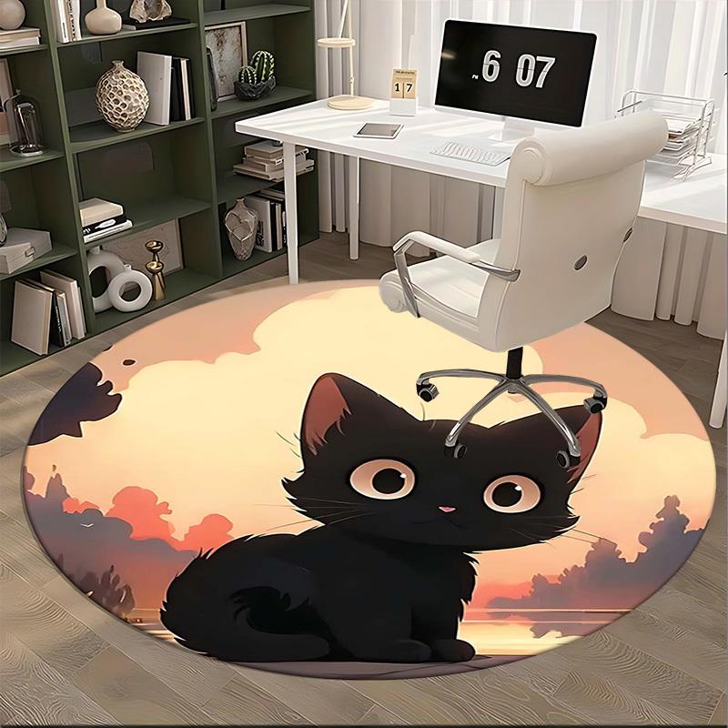 1pc Anime Design Round Carpet Cute Black Cat Sunset Print Chair Mat for Office, Home Decor, Living Room, Bedroom, Game Room Gift