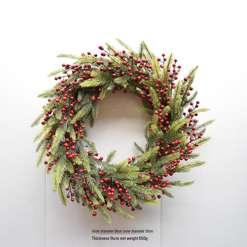 Handmade Christmas Wreath with Red Berries & Green Leaves on Steel Ring for Door Decoration