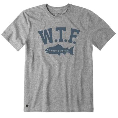 Life Is Good. Men's W.T.F. Fish Short Sleeve Crusher Tee, Heather Gray