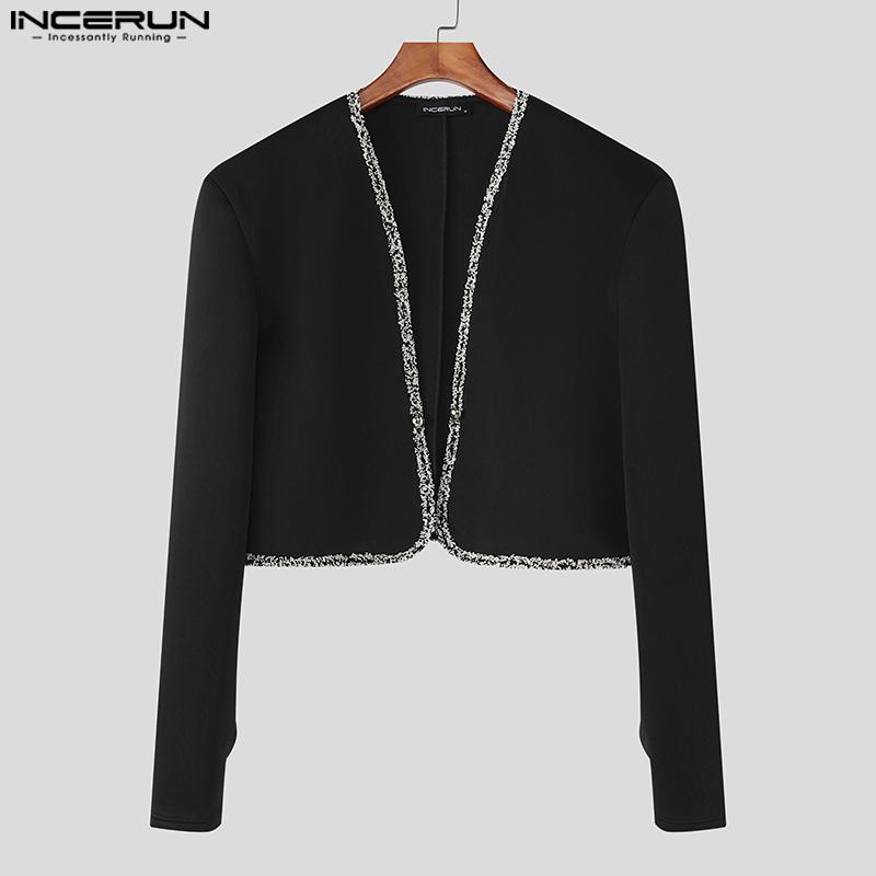 INCERUN Men Long Sleeve Open Front Stitching Short Crop Tops Shirts