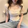 T-shirt tricoté à manches courtes et col carré français pour femme, T-shirt de base d'été slim fit pour femme, Haut court