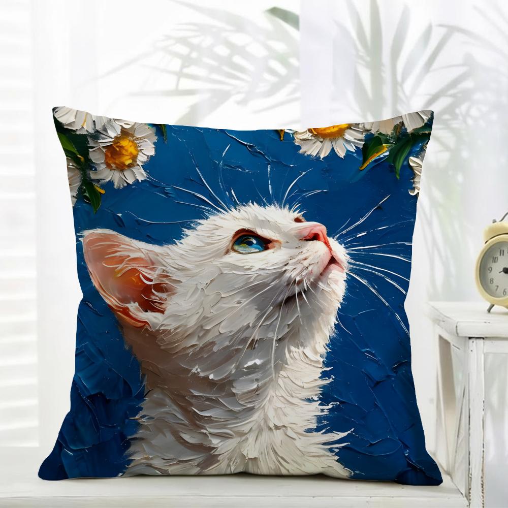 Cute Oil Painting Colorful Cat Cushion Cover Comfort Daily Washable Linen Soft for Sofa Bed Home Room Decor