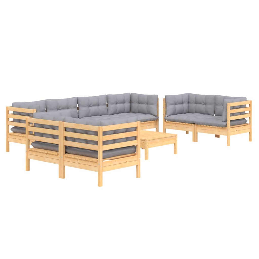 9 Piece Garden Lounge Set with Grey Cushions Solid Pine Wood