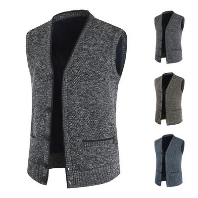 Men Sweater Vest V Neck Single-breasted Sleeveless Buttons with Pockets Elastic Thick Solid Color Knitted Top Sweater Coat