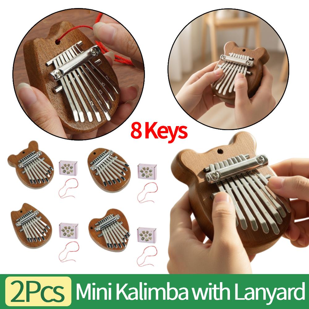 2Pcs 8 Keys Mini Kalimba Wooden Thumb Piano with Lanyard Portable Musical Instrument Cute Marimba for Travel Party Outdoors