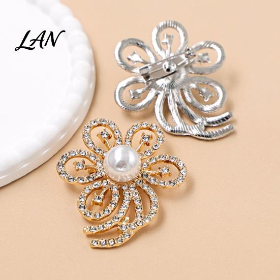 Electroplated Brooch Faux Pearl Rhinestone Flower Brooch, Hollow Floral Lapel Pin for Wedding Bridal Shower, Women Girls Clothing Jewelry Accessories