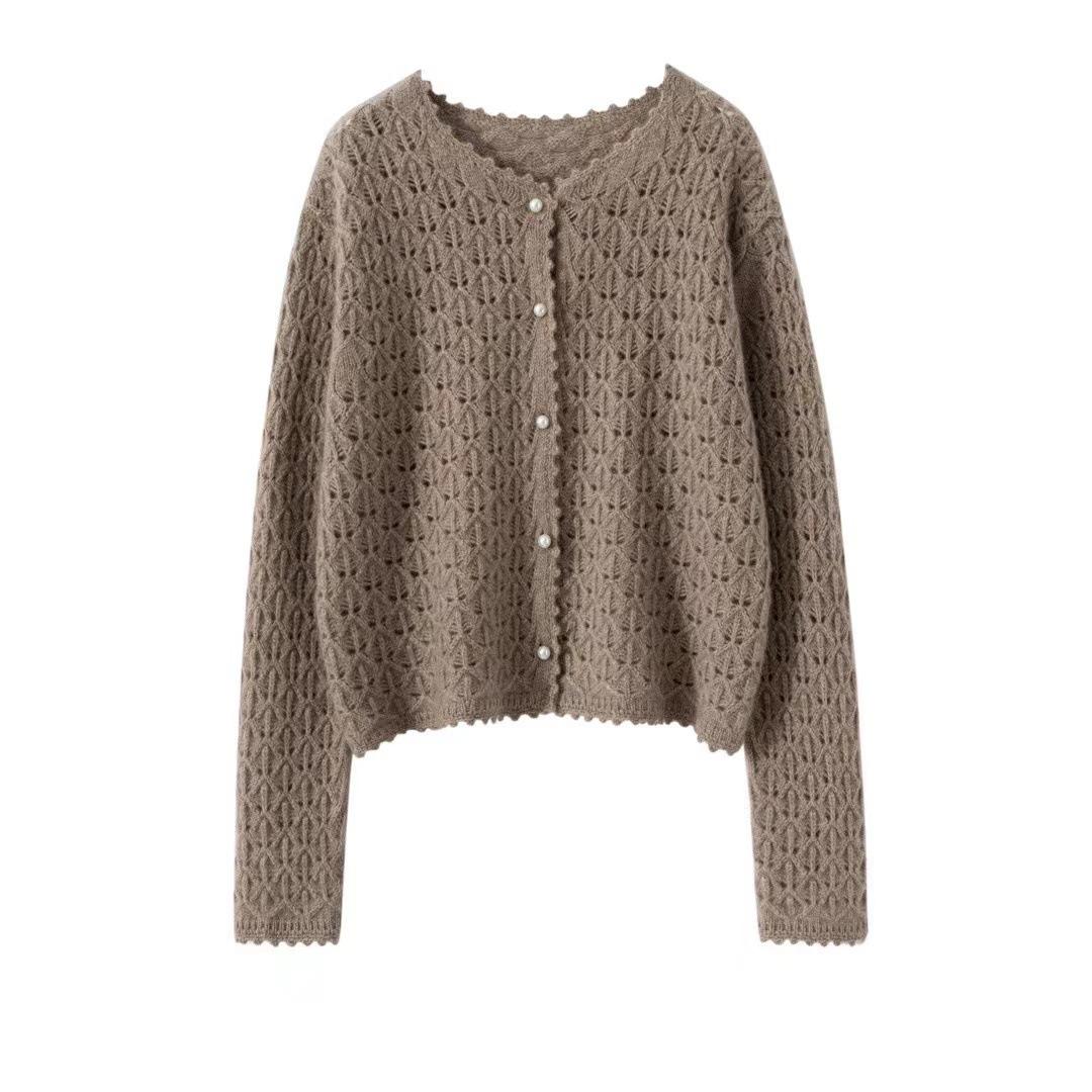 

Женский кашемировый кардиган ручной вязки на пуговицах-жемчужинах, с круглым вырезом, ажурный дизайн для осени/зимы One Size