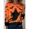 Women's Halloween 3D Printed Pumpkin Face Bat Long Sleeve Shirt Autumn Loose Casual Polyester Round Neck Fashion Casual Top