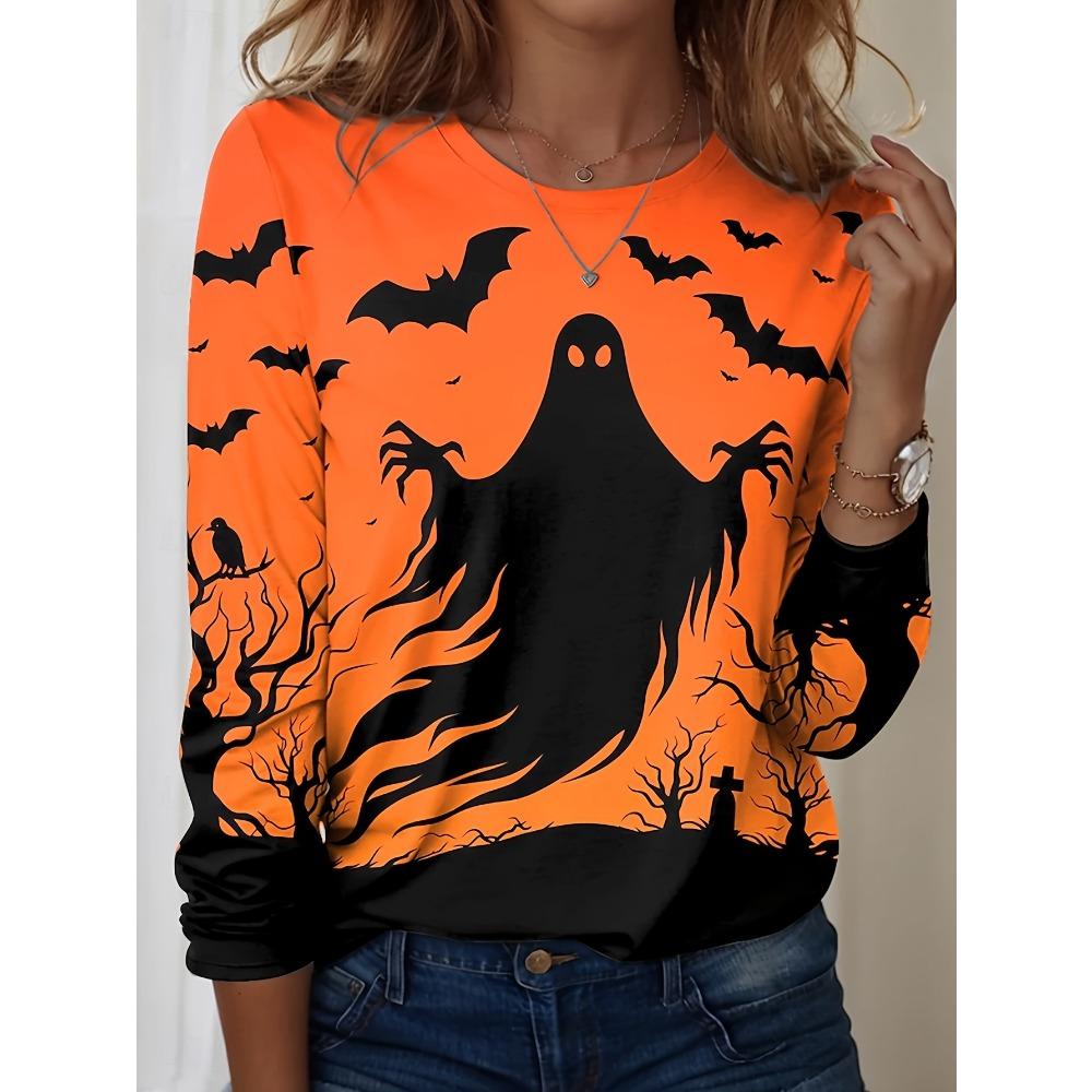 Women's Halloween 3D Printed Pumpkin Face Bat Long Sleeve Shirt Autumn Loose Casual Polyester Round Neck Fashion Casual Top
