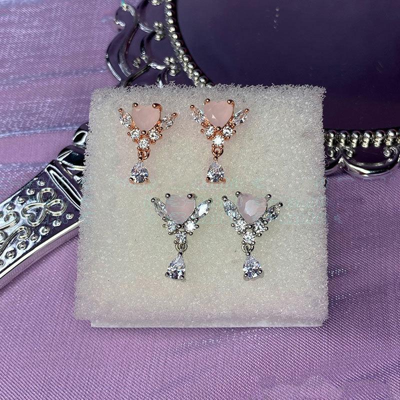 Earrings Angel Heart Pink Love Heart Rose Gold Diamond Inlay Exquisite Millennium Style Earrings Women