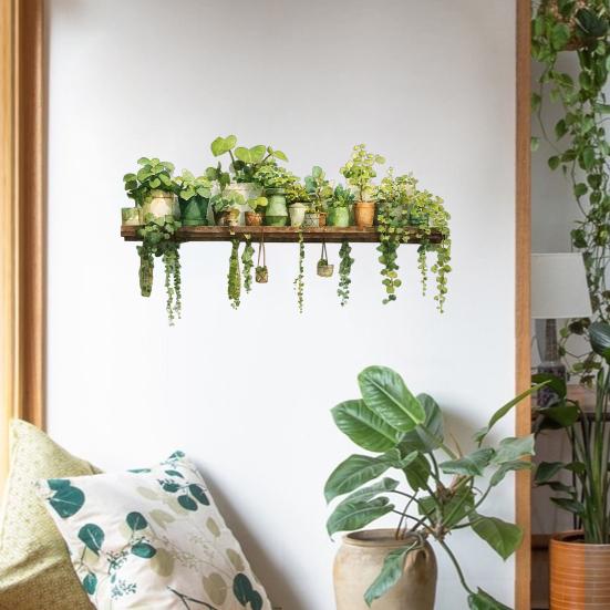 Green Plant Wall Stickers, Realistic Pothos Leaves Hanging Basket Plant Stickers, Decorative Wall Decals, Peel & Stick Wall Sticker