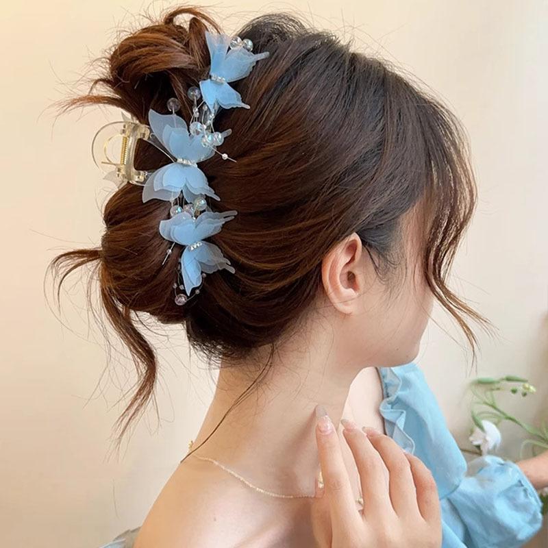 13cm Chiffon Bead Tassel Hair Claw Jaw Elegant Fairy Butterfly Hair Clip Crab Girls Large Hairpins For Women Hair Accessories Headwear