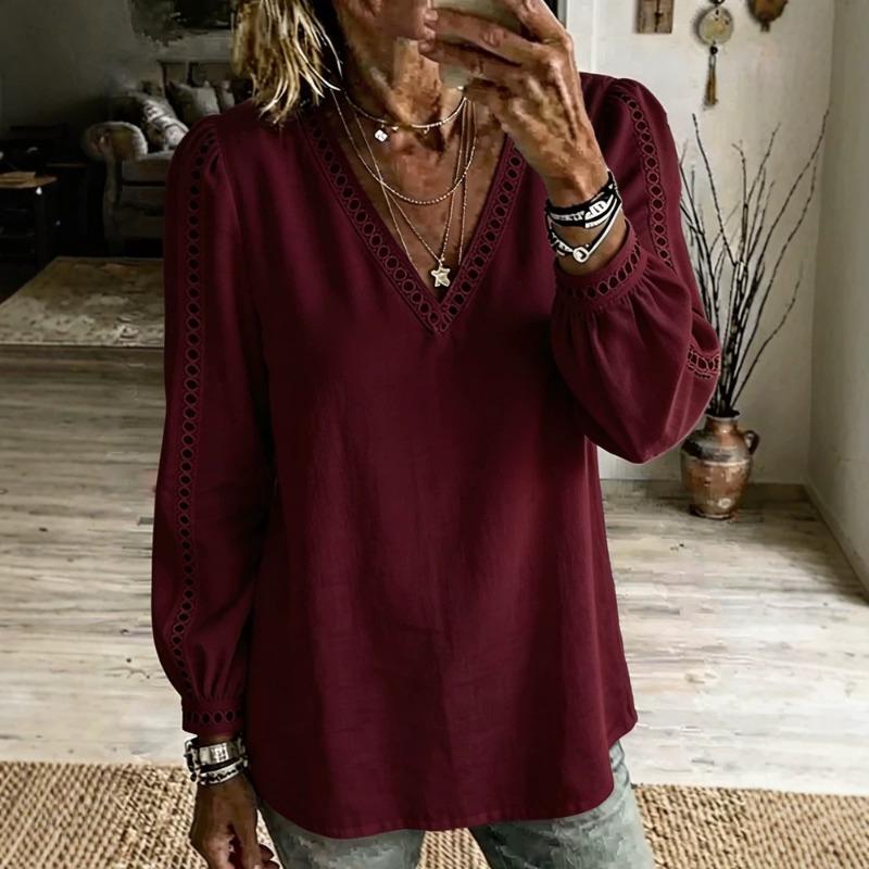 Hollow Out Loose Women's Blouse 2026 Long Sleeve V Neck Spring Autumn Lace Shirt Vintage Casual Solid Color Tops for Daily Life