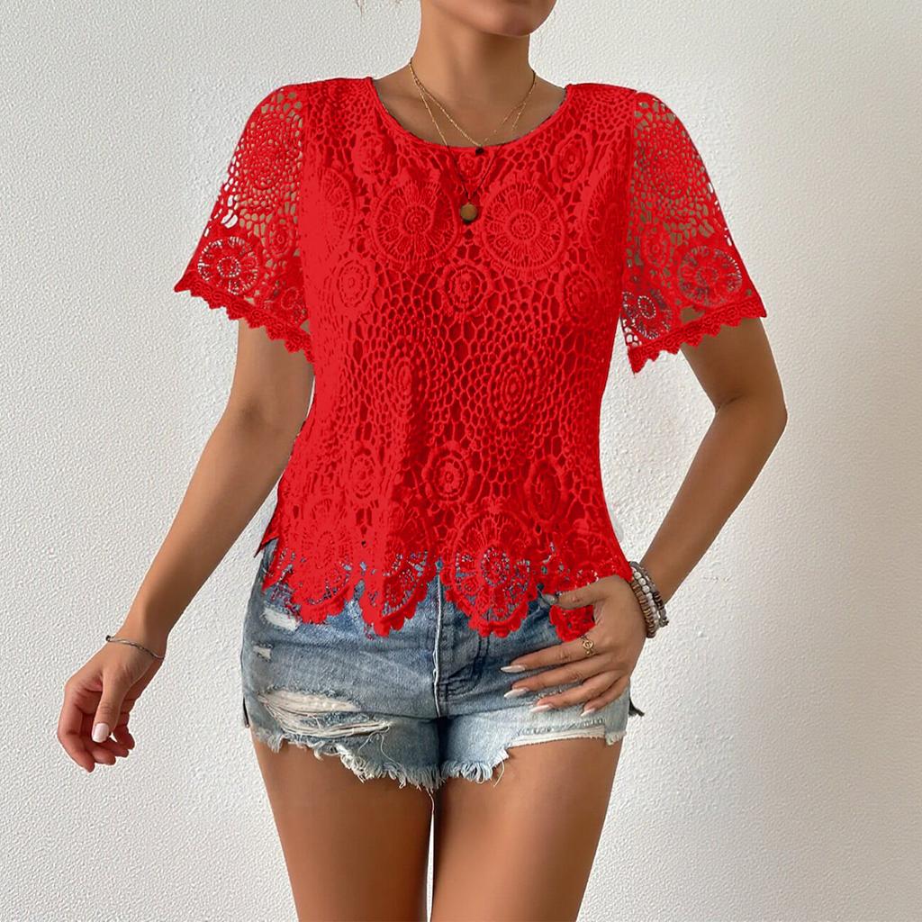 Damska Codzienna Modna Okrągły Dekolt Koronkowa Wycinana Krótki Rękaw T-shirt Top
