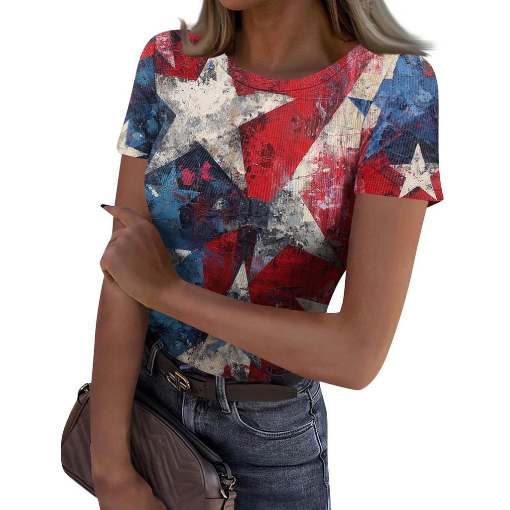Women's Casual Fashion Round Neck Independence Day Print Short-Sleeve Ribbed Top