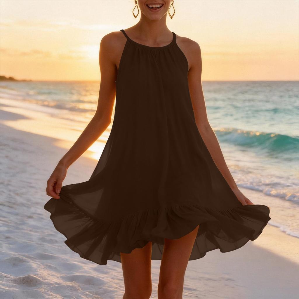Mini Abito Senza Maniche con Orlo Arricciato Vestibilità Larga per Donna Casual Scollo Leggero Svolazzante Abito Estivo