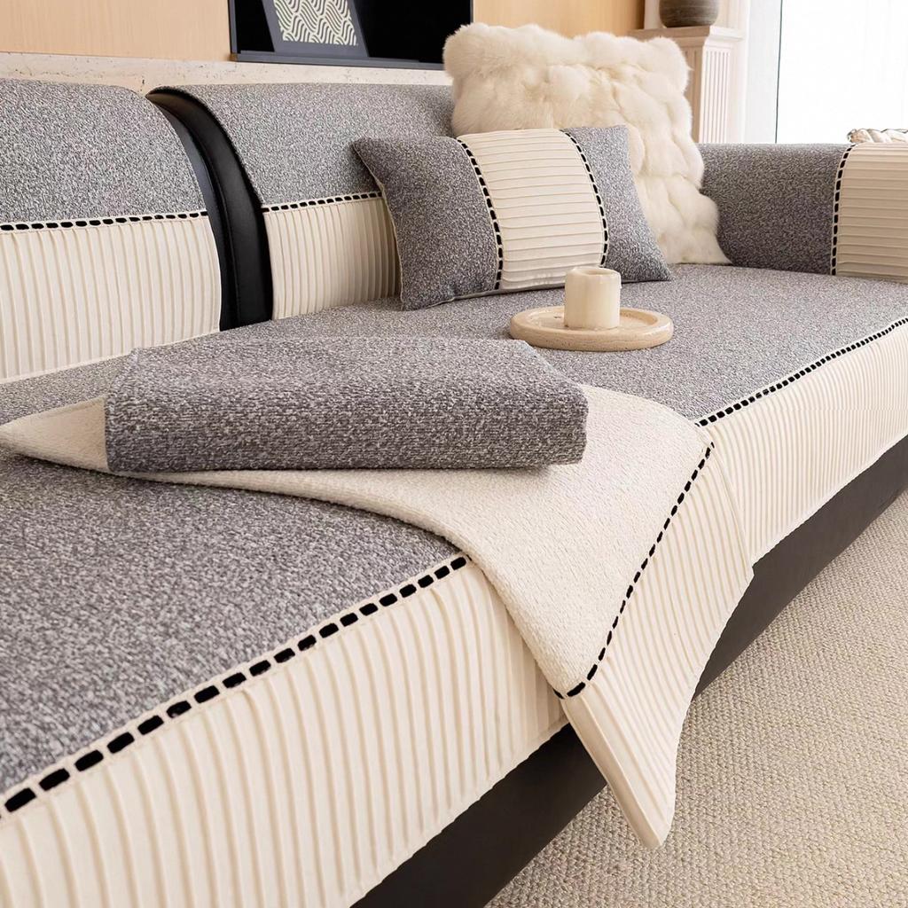 Contrast Hem Yarn-Dyed Chenille Sofa Cover for All Seasons Living Room Non-slip Sofa Seat Cover Couch Slipcover, Sofa Towel