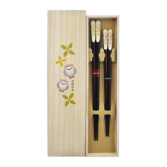 Pair of Lacquered Chopsticks Kitcho with Smiling Owl Design in Paulownia Box - 2 Pairs, Made in Japan, Natural Wood, Urushi Lacquer