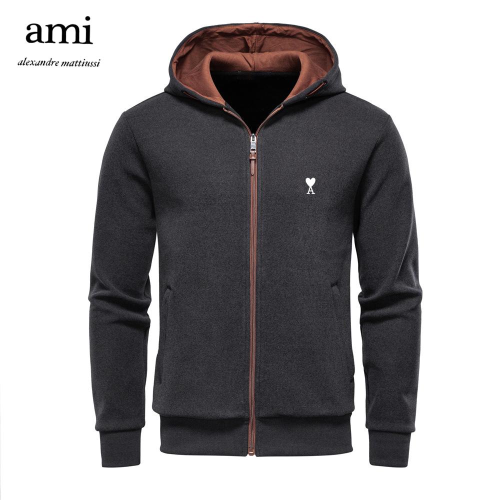 AMI 2025 Autumn and Winter Embroidery New Men's Hooded Sweatshirt with Plush Insulation, High-quality Color Blocked Men's Top