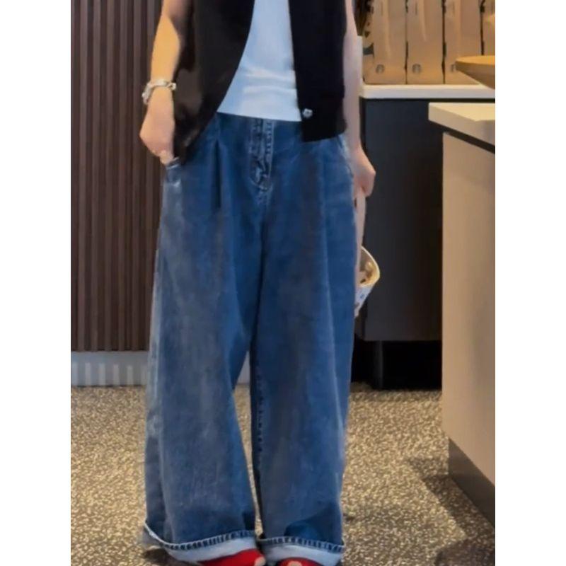 Korean Style Loose Lazy Slimming Wide-Leg Pants Blue Jeans Women 2025 Summer New Plus size Mopping Pants