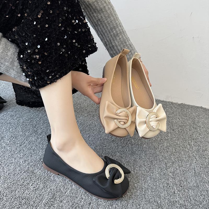 Flat bottom metal buckle bow single shoes women's new fashion versatile soft sole comfortable Doudou shoes casual single shoes