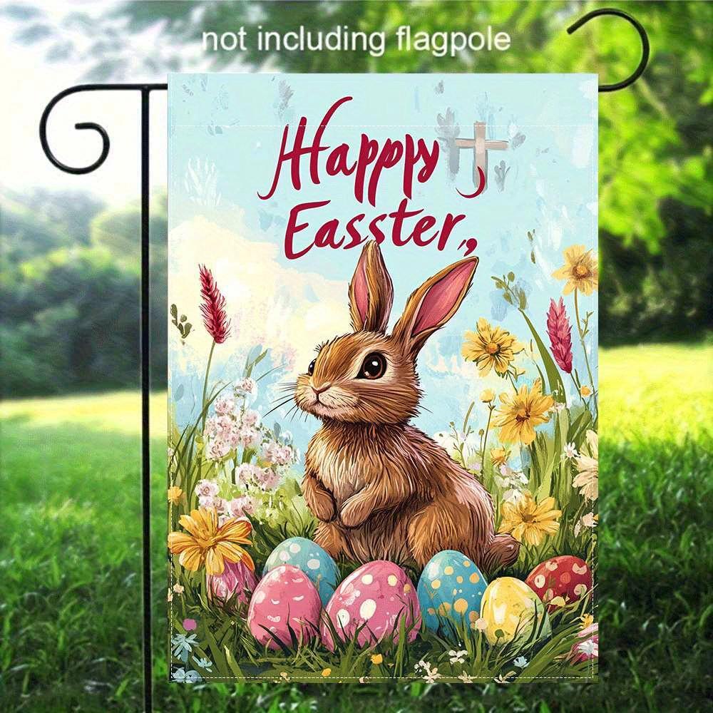 1pc, Double-Sided Printed Easter Bunny and Colorful Eggs Garden Flag, Linen Material, Flagpole Not Included