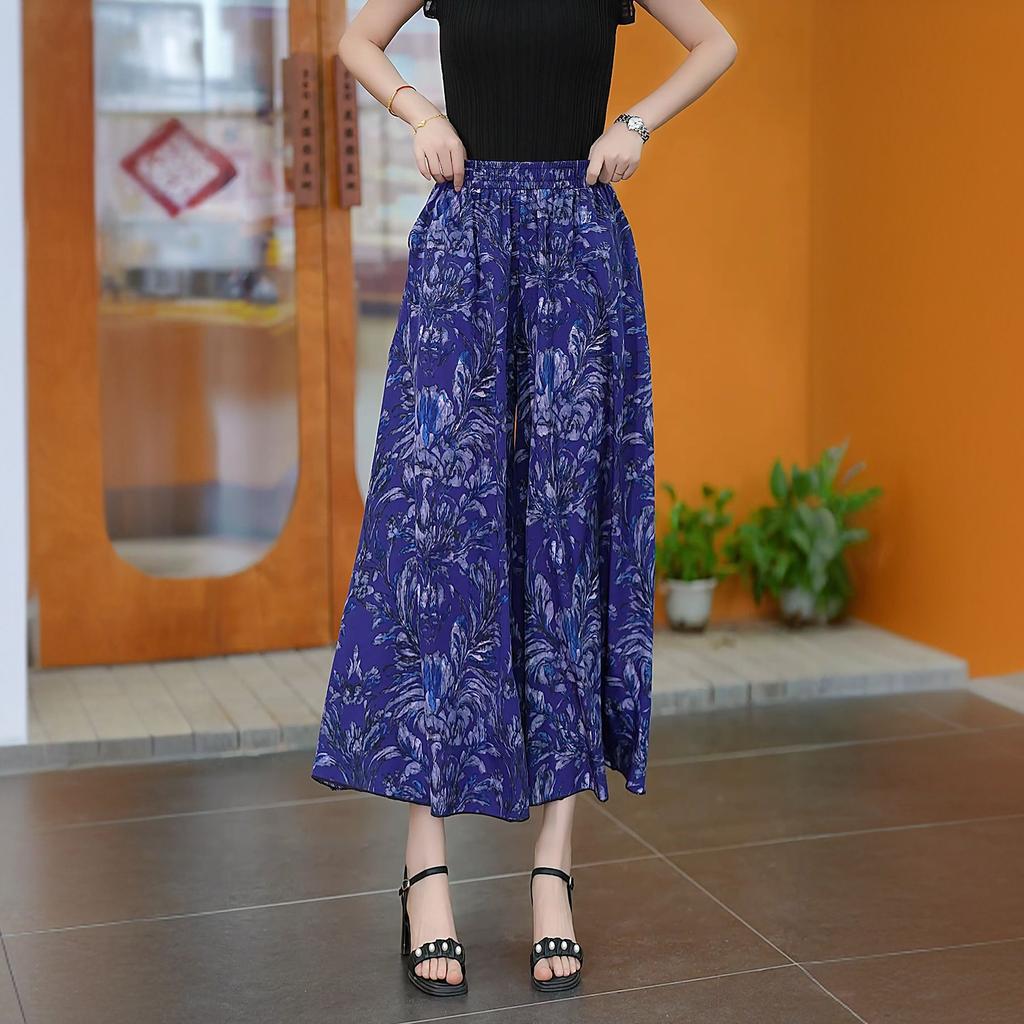Women's High Waist Floral Printed Wide Leg Culottes Summer Thin Nine Length Large Swing Casual Skirt Pants With Side Pockets For Plus Size