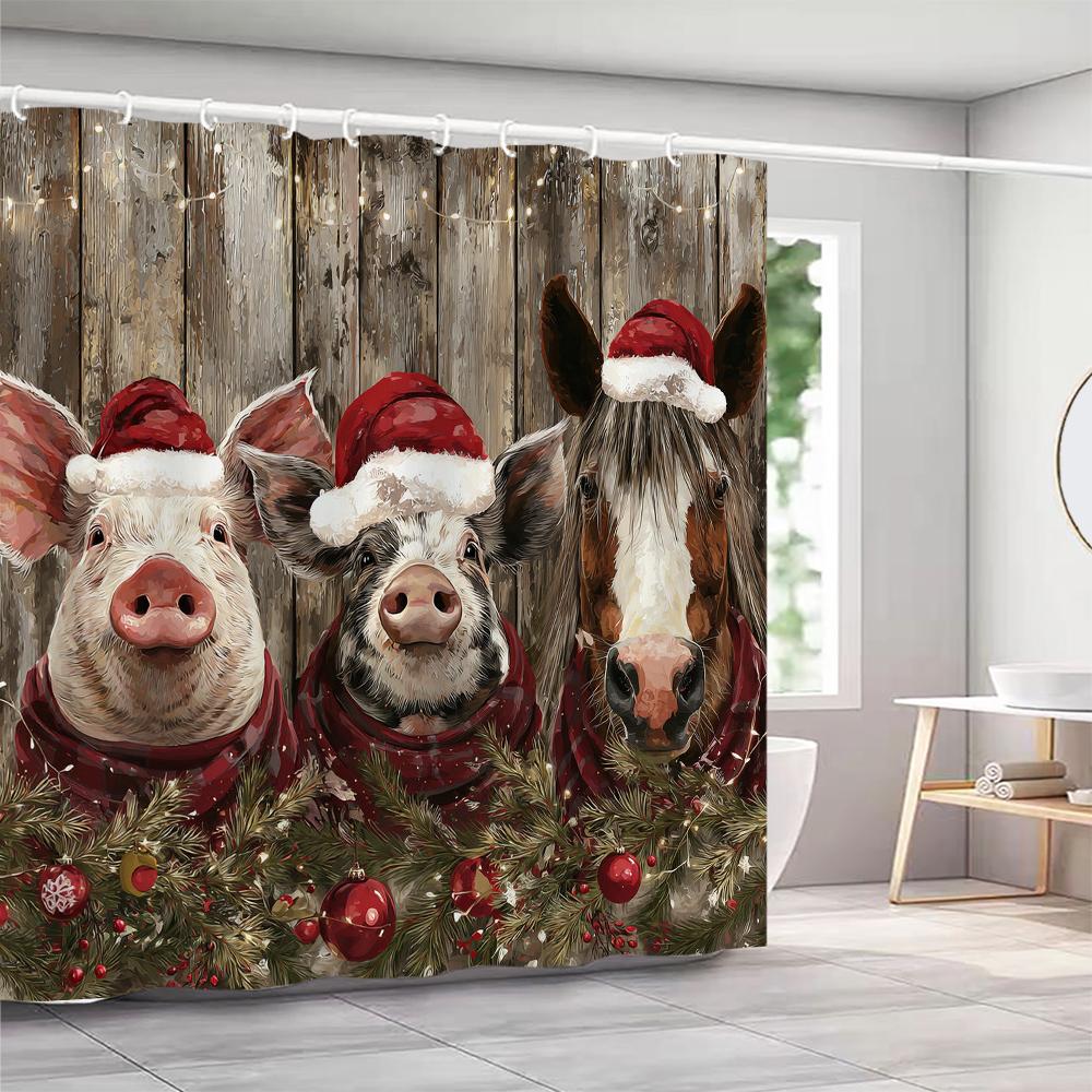 Christmas Shower Curtain, Bathroom Decorative Christmas Highland Cattle Shower Curtain, Waterproof Shower Curtain with Hooks