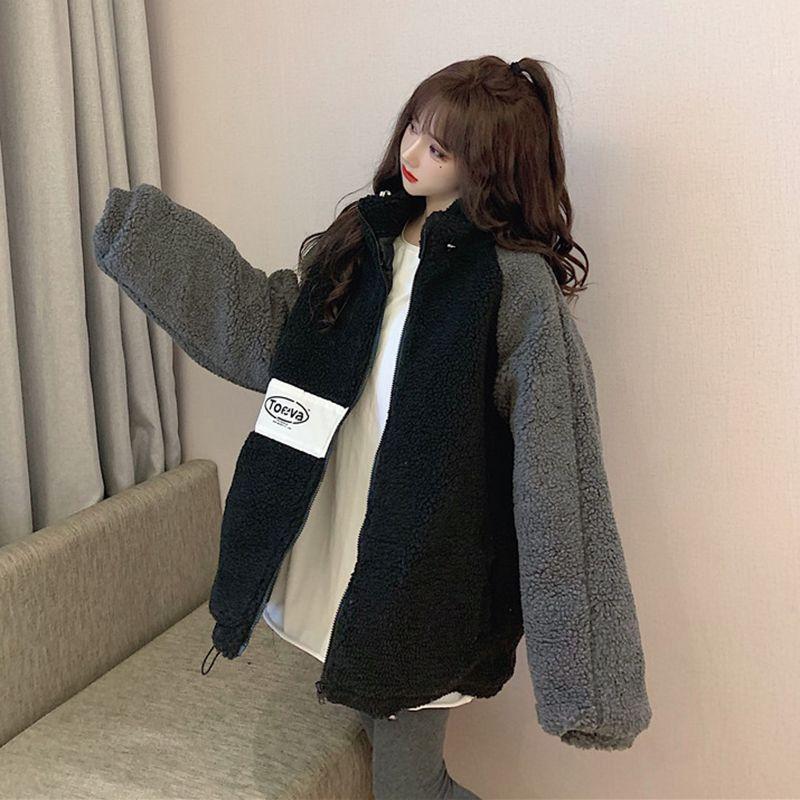 

Куртка из жареной уличной шерсти ягненка с воротником-стойкой, женская зимняя, свободного ретро-стиля, хлопковая утолщенная, контрастного цвета, хлопковая одежда, тренд XL （130-155）