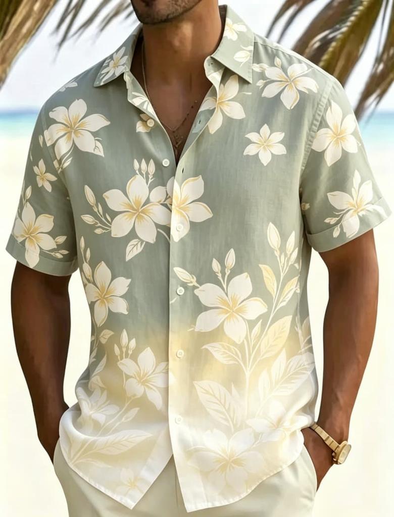 Men's Tropical Gradient Plant Printed Short Sleeved Shirt, Suitable For Summer Travel, Beach Leisure, And Daily Casual Wear