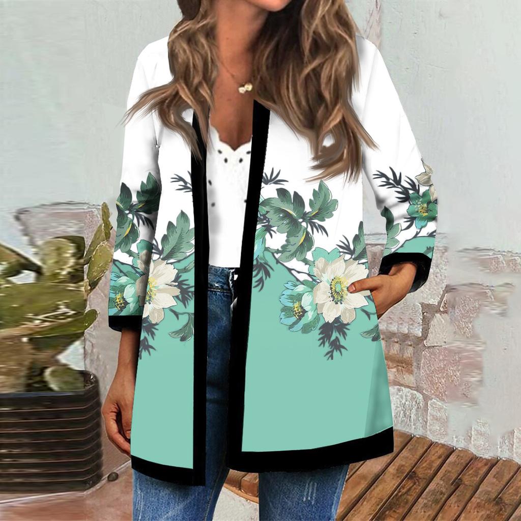 Langärmlige schwarze Patchwork-Strickjacke mit Convention-Print für Damen im Herbst- und Winterstil