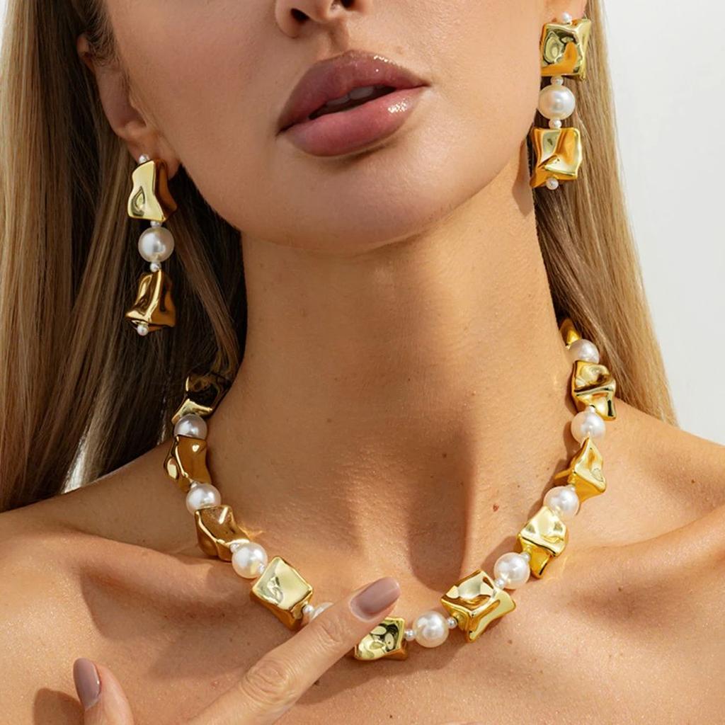 Salircon Boho Irregular Splicing Geometric Necklace Earrings Women Jewelry Set Retro Imitation Pearl Bead Necklace Banquet Gift
