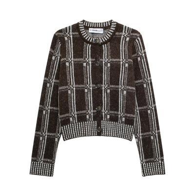 Womens Street Style Plaid Knit Cardigan Round Neck Long Sleeve Sweater