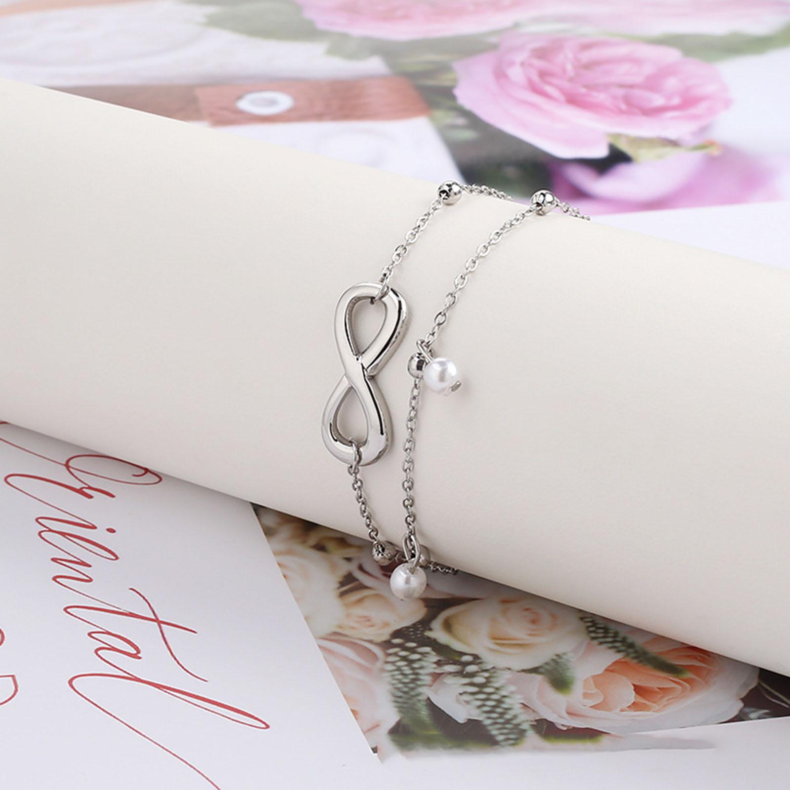 

304 Stainless Steel Stylish Link Cable Chain Multilayer Layered Anklet Imitation Pearl Infinity Symbol 22cm(8 5/8 ) long, 1Piece