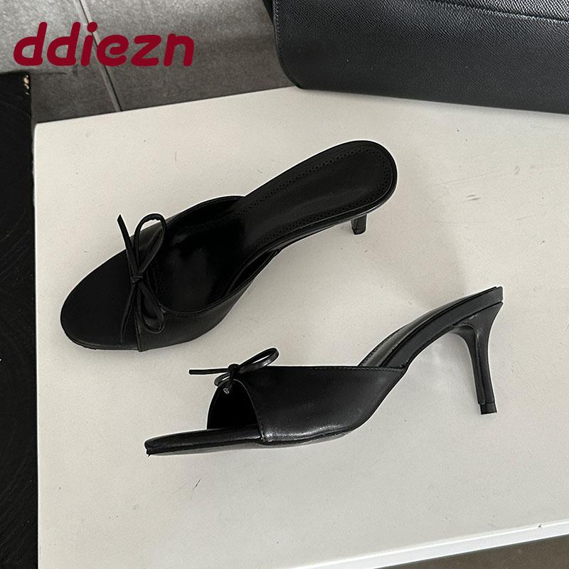 Fashion Pink Female Round Toe Footwear Thin Heels Sandals Slides Shoes For Women Fashion Butterfly-Knot Ladies Heeled Sandals Shoes