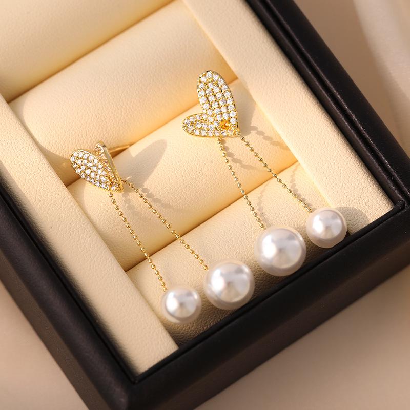 Diamond Heart Tassel Pearl Earrings: 2026 Light Luxury Niche Design, High-End Elegant Studs for Women