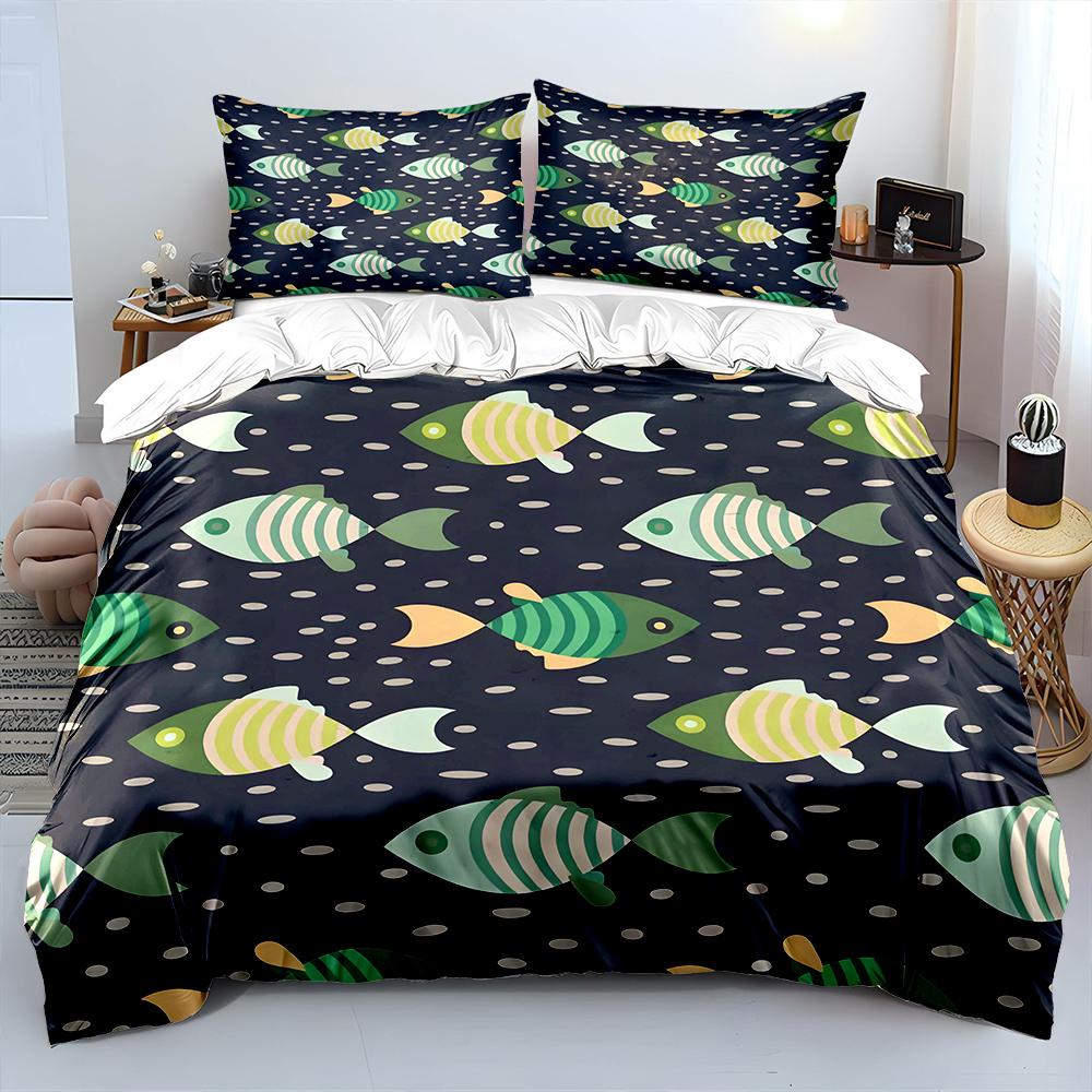 Set Biancheria da Letto con Fantasia di Pesci Colorati 3 Pezzi 1 Copripiumino 2 Federe per Adulti e Bambini Regalo di Lusso Misura Matrimoniale