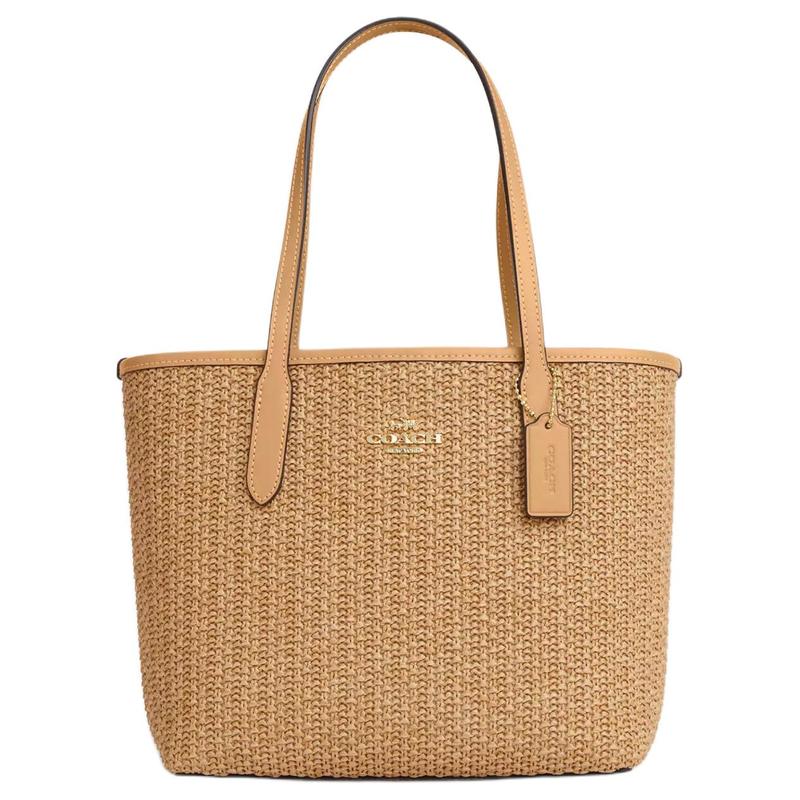 

COACH City 23 Metal Logo Solid Color Versatile Straw and Smooth Leather Tote Bag Tote Bag Shopping Bag Shoulder Handbag Medium Women s Latte Color золотий