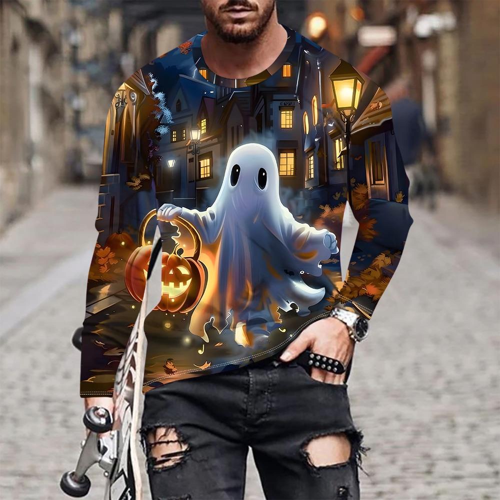 Fashion Men's Pumpkin Ghost 3D Printed T-shirt Comfortable Soft Breathable Loose Large Casual Sports Versatile Round Neck Long Sleeve T-shirt