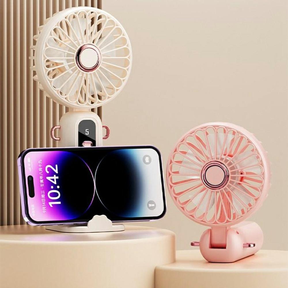 

ZD01 LED Display Mini Handheld Fan 5 Speeds Adjustable Foldable Cooling Fan with Phone Holder Pink