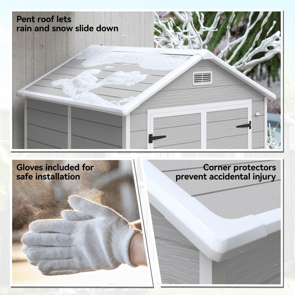 6 X 5ft Garden Shed, Plastic Shed with Floor, Window, Lockable Doors and Vents, Wood Effect Resin Tool Shed for Outdoor Patio, Light Grey