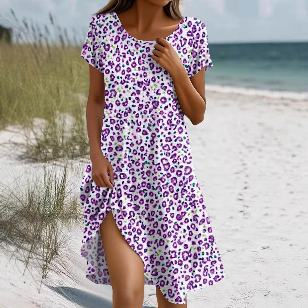 Damska letnia sukienka z krótkim rękawem, okrągłym dekoltem, kwiatowym nadrukiem, w stylu bohemy, z kieszeniami