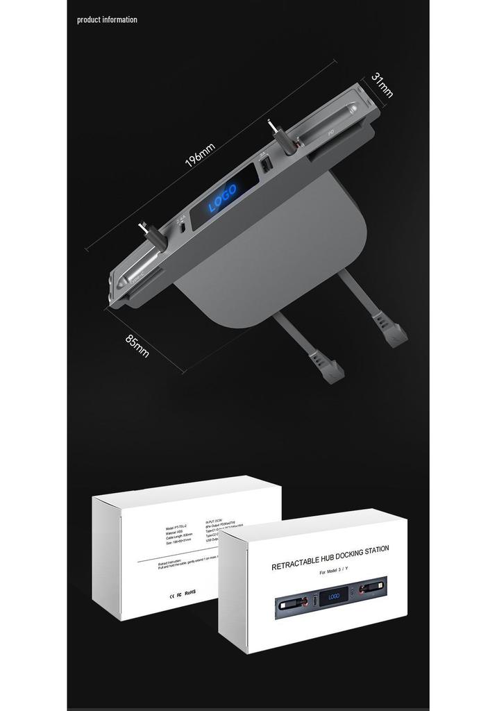 Tesla Model 3/Y Center Console Expansion Dock with Retractable Cable and Fast Charging