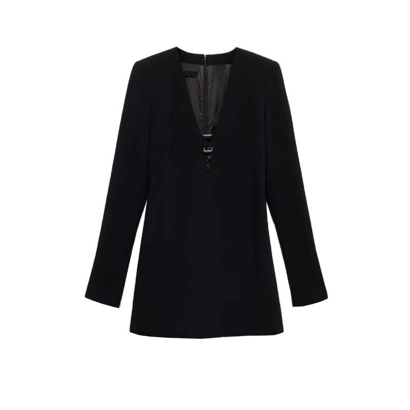 Fall and Winter New Women's Clothing Fashion Wind Metallic Decorative Button V Neck Long Sleeves Short Dress 77029063