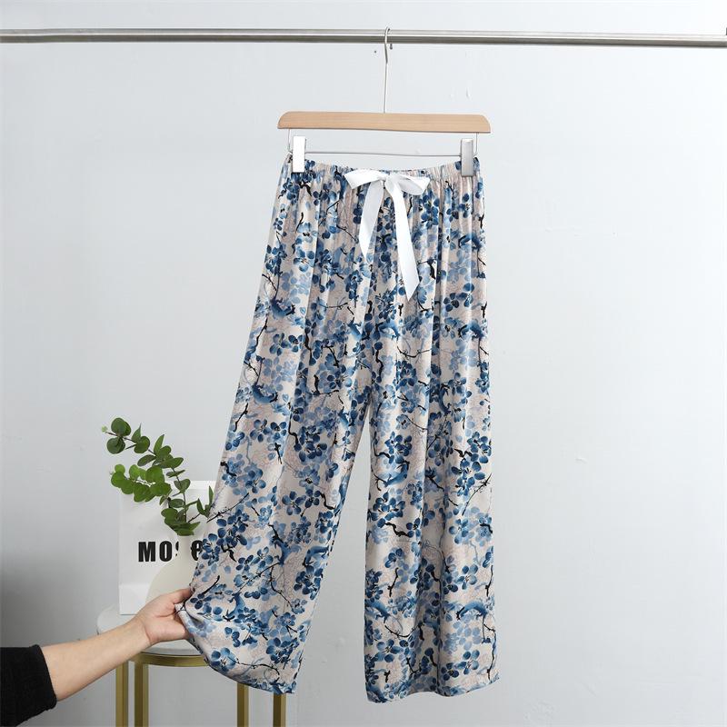Dámské letní kalhoty květinové bavlny a viskózy nadměrné velikosti - Tenké, ležérní, dlouhé na spaní a plážové oblečení